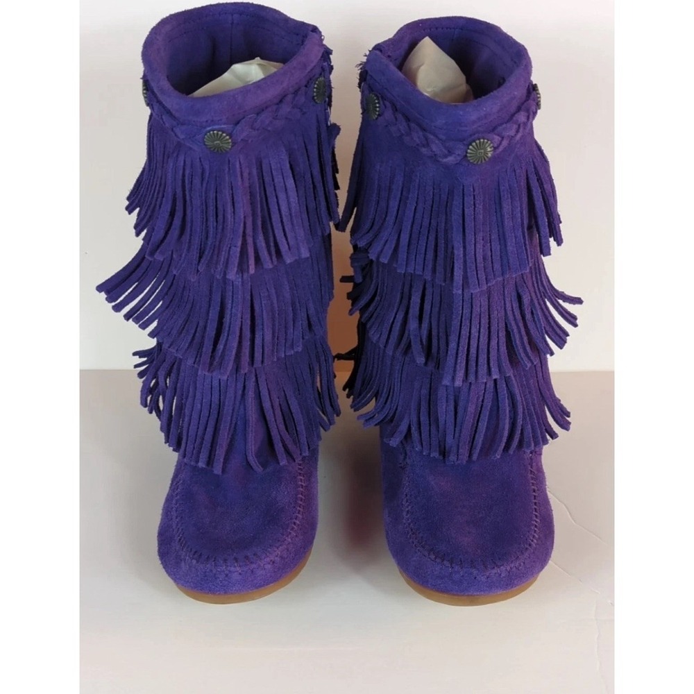 Minnetonka 3 Layer Fringe‎ Boot Purple Suede Girls Size 4 side zip